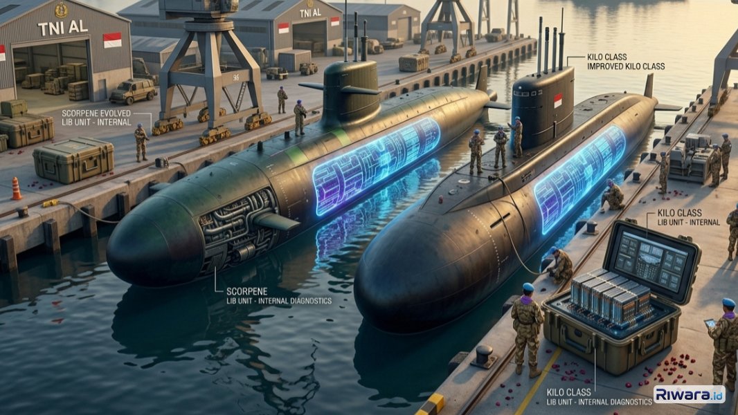 Ilustrasi perbandingan kapal selam Scorpene dengan Improved Kilo, dibuat dengan bantuan Gemini AI